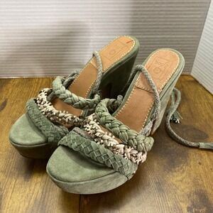 Bacio 61 Women Olive Green Suede Braided Lace Up Wedge Platform Heels Sandal 6.5